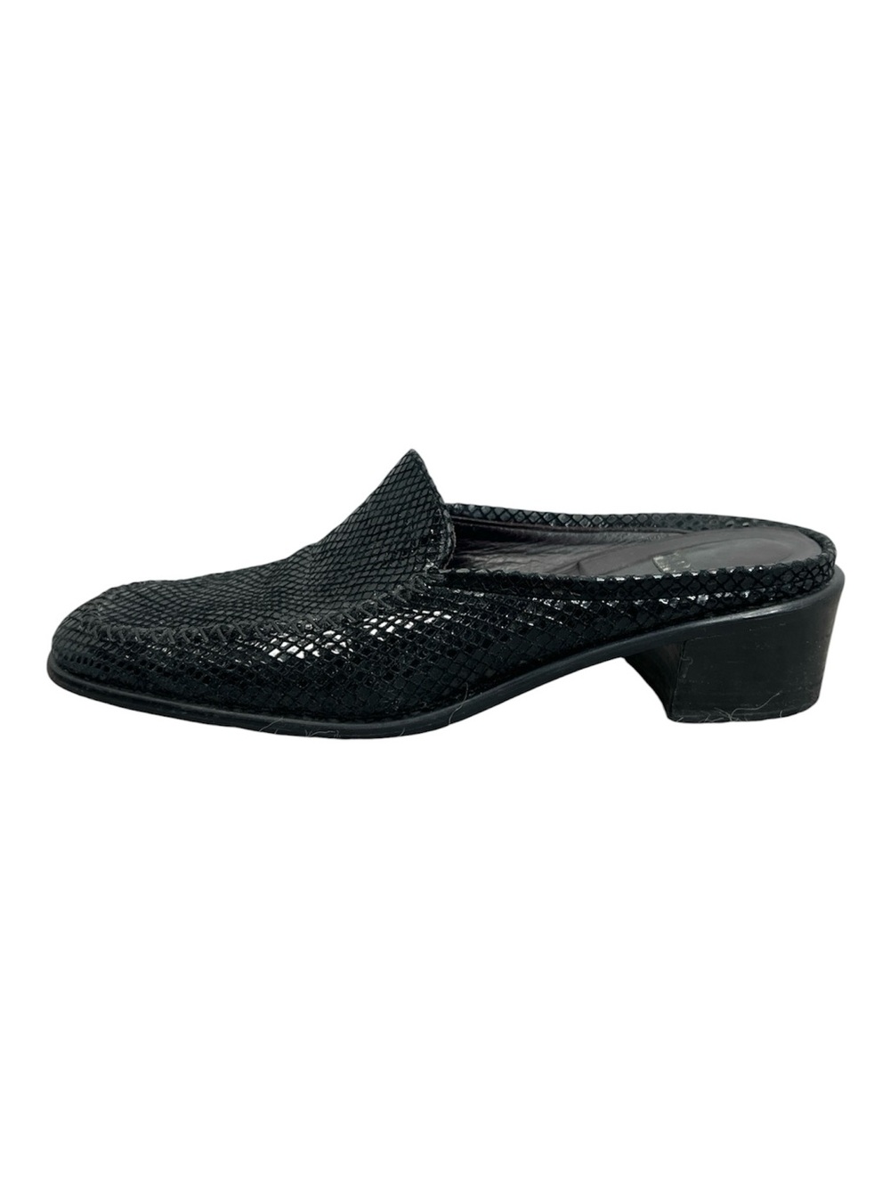 Stuart Weitzman leather snakeskin embossed black quiet luxury heeled mules 10